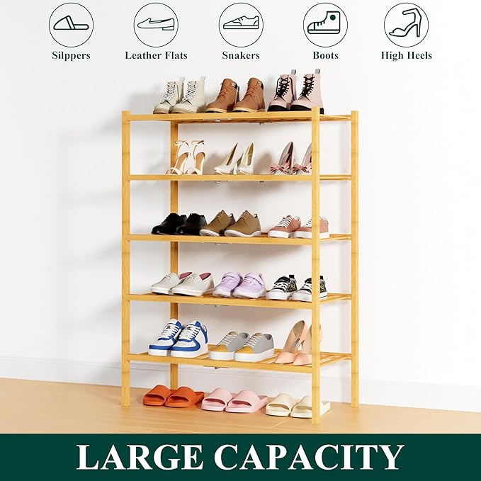 Smiry Shoe Rack, 5 Tier Thick Bamboo Shoe Organizer, Stackable Free Standing Wooden Shoe Storage Shelf for Closet, Entryway, 