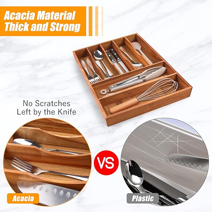 Bellsal Bamboo Silverware Organizer, 12"x15.7" Utensil Holder Cutlery Tray with Grooved Drawer Dividers for Kitchen Flatware,
