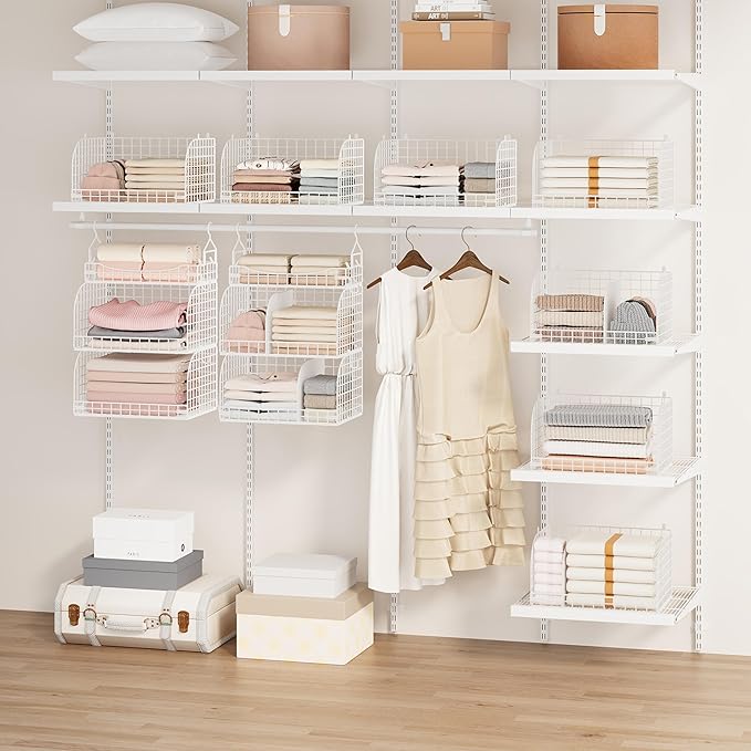 SWTYMIKI Hanging Closet Organizer Storage - 3 Tier Metal Stackable Hanging Closet Shelves with Dividers and S Hooks, Foldable
