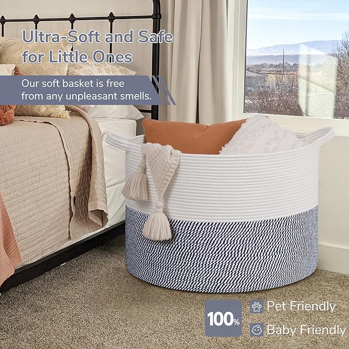 INDRESSME 115L Extra Large Cotton Rope Basket, Blanket Basket for Home Decor Living Room Nursery, Toy Storage Baskets for Kid