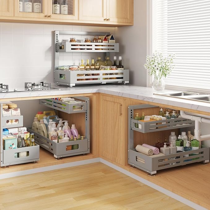2 Pack 21IN-Depth Under Sink Organizer,Pull Out Cabinet Organizer With Smooth Cylindrical Rail,Metal Slide Out Drawer for Kit