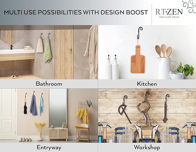 RTZEN Wall Mount Hook Set - Wrought Iron Decorative Rustic Metal Coat Hooks for Hanging - Handcrafted Classic Farmhouse Wall 