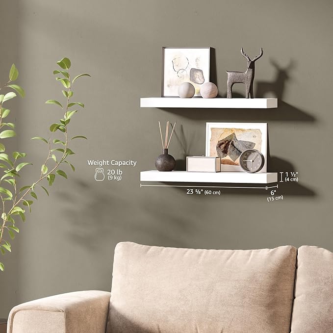 Ballucci Floating Shelves, 24" Wood Wall Shelf Set of 2, with Invisible Brackets for Bathroom, Living Room, Bedroom, Kitchen,