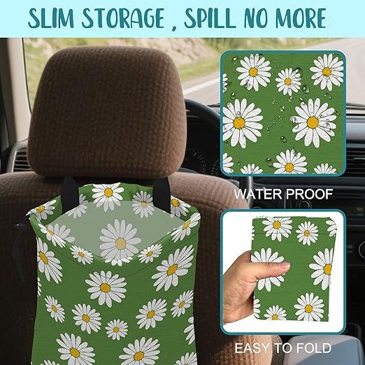 Car Trash Bag Green Daisy Flowers Spring Hanging Drawstring Car Organizer and Storage Bag with Adjustable Buckle Canvas Garbage Bin for Back Seat or Hanging Headrest Car Decor Road Trip Essentials