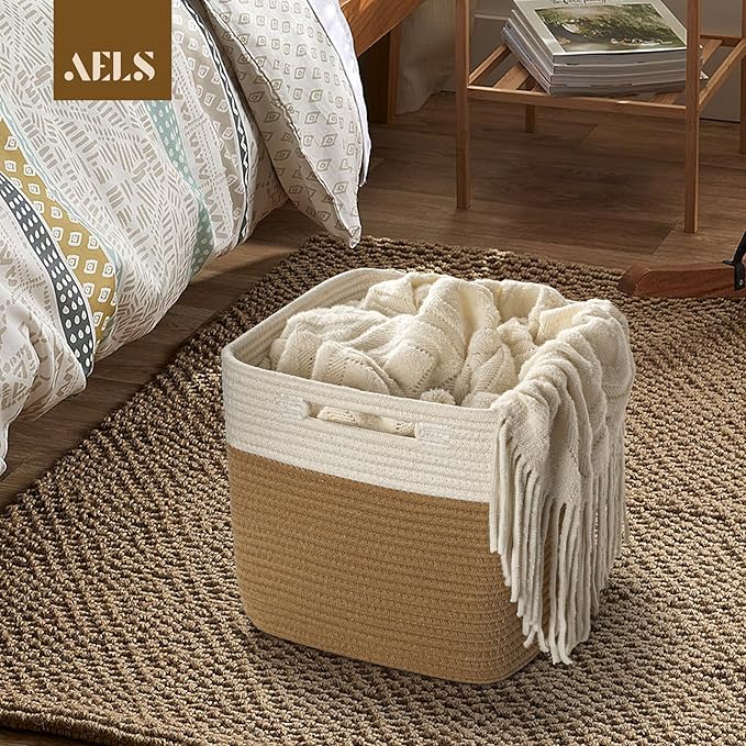 AELS Hand Woven Cotton Baskets for Storage, Cube Storage Bins with Handles, Foldable Collapsible Closet Organizers and Storag