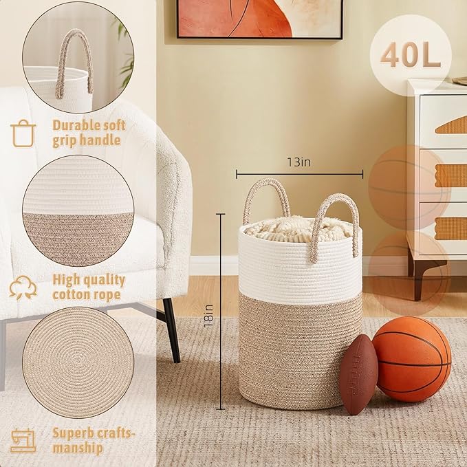 Artfeel Laundry Basket,Woven Cotton Rope Laundry Hamper,40L for Decorative Storage of Dirty Clothes,Toys and Blankets in Bath