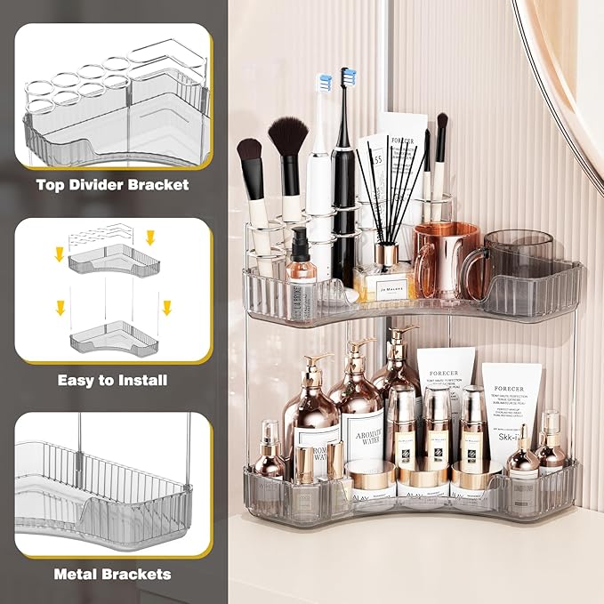 Asayuee 2-Tier Corner Bathroom Counter Organizer with Top Toothbrush Holders,Large Makeup Organizer Countertop with Brush Hol