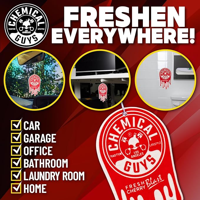 Chemical Guys Hanging Air Freshener, Fresh Cherry Scent 12 Pack, Great for Cars, Trucks, SUVs, RVs, Home, Garage, Workspace, 