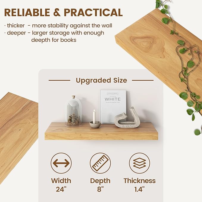 Elm Floating Shelves for Wall Decor, Rustic Solid Wood Shevles Wall Mounted with Invisible Bracket for Living Room Bathroom B