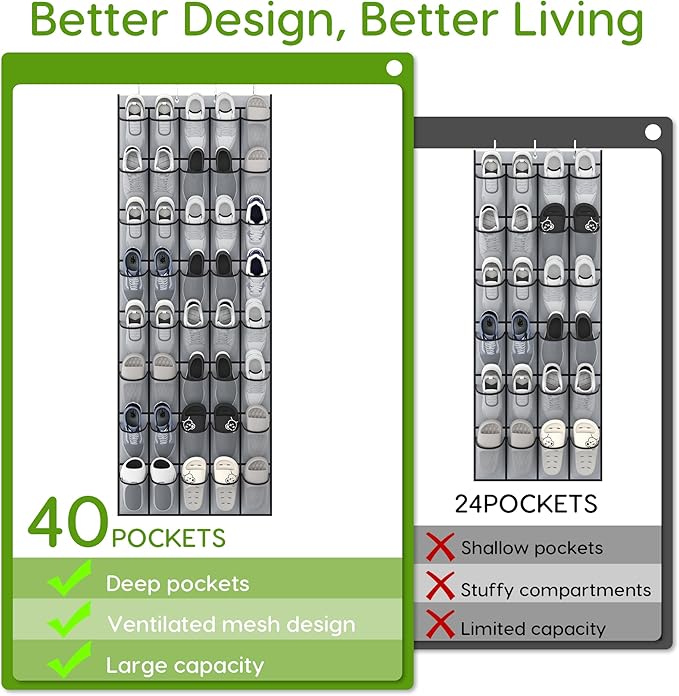 Unjumbly Over the Door Shoe Organizer with 40 Large Breathable Mesh Pockets, Space Saving Shoe Holder, Hanging Shoe Rack for 