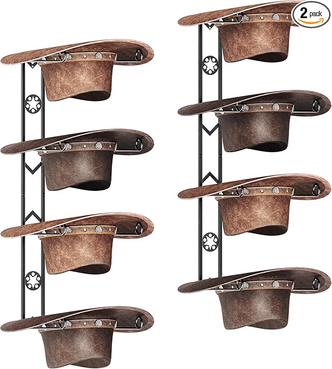8 Pieces Cowboy Hat Organizer Hangers for Wall, Western Hat Rack Wall Mounted with Decorative Star, 2 Pack Metal Cowboy Hat H