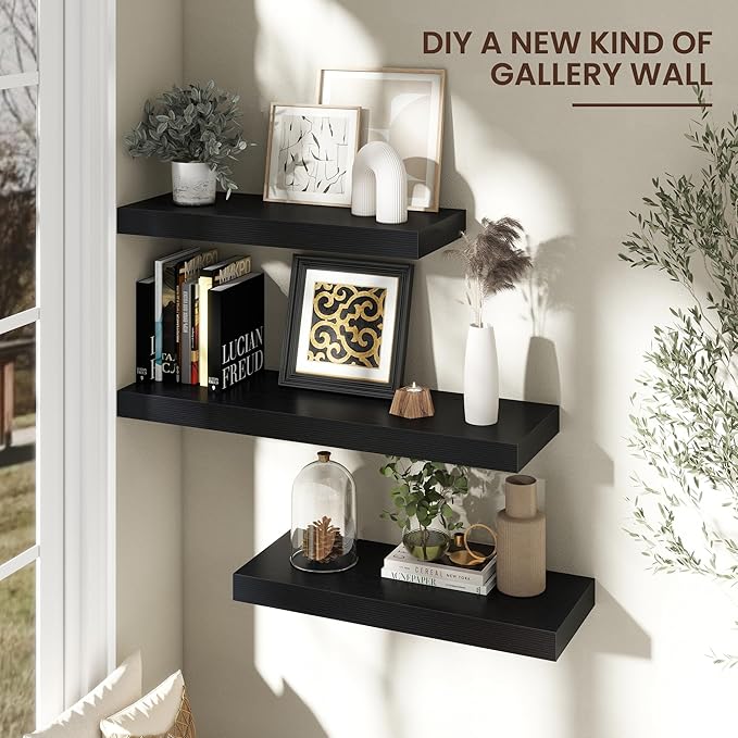 Floating Shelves for Wall, 30" W x 12" D x 2" H, 2 Pack of Long Wall Mounted Engineered Wood Shelves with Invisible Brackets 