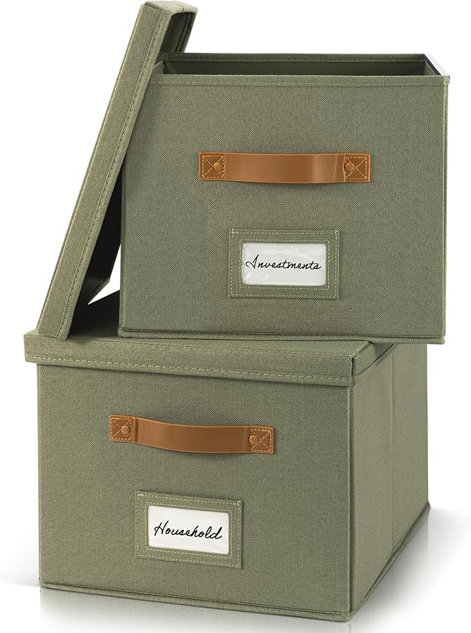 ZICOTO Decorative File Organizer Box Set of 2 - Collapsible Linen Filing Cabinets w/Handles Are Perfect to Store all Your Doc