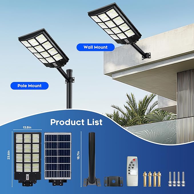 9000W Pro Large Solar Street Lights Outdoor with Thickened Shell, Commercial Grade Street Light Dusk to Dawn, Motion Sensor Solar Security Flood Light Waterproof for Parking Lot, Yard, Driveway, Farm