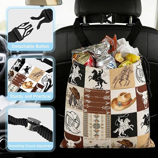 Western Cowboy Car Trash Bag - Waterproof Car Trash Bag Hanging Leakproof Car Garbage Bag - Washable Reusable Trash Bag for Car Interior Hanging Organizer Storage Vehicle Travelling Camping
