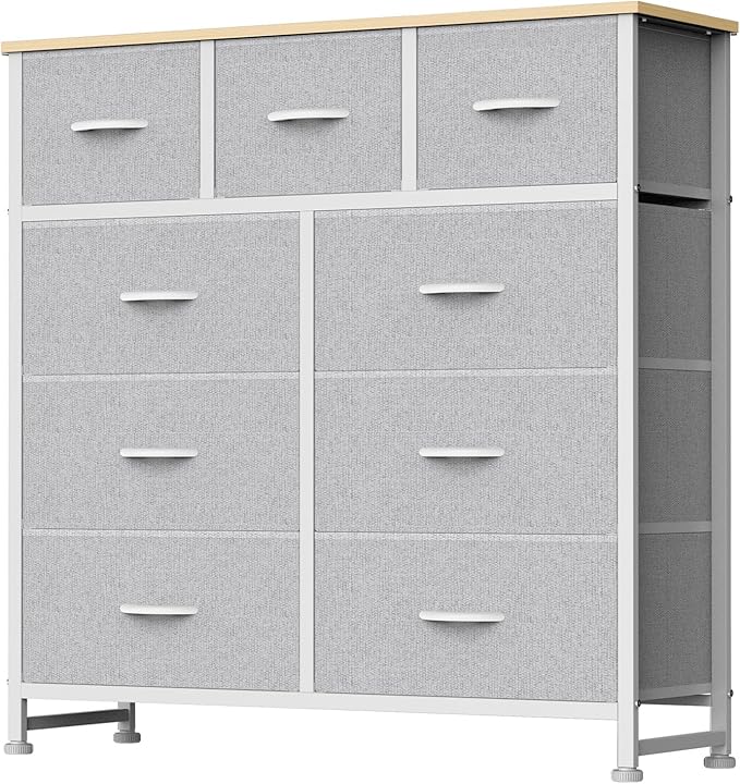 DUMOS 9 Drawer Dresser for Bedroom, Fabric Storage Organizer with Sturdy Metal Frame, Wooden Top Chest of Drawers for Closet 