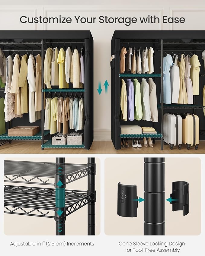 SONGMICS Heavy-Duty Clothes Rack, Garment Rack, Portable Closet, 68.7-Inch Wide Clothing Rack with Adjustable Mesh Shelves an