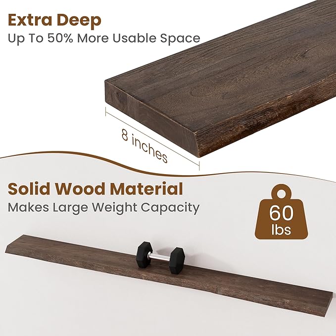 Floating Shelves for Wall Decor, Rustic Solid Elm Wood Live Edge Floating Shelves Wall Mounted, Wall Shelves with Invisible B