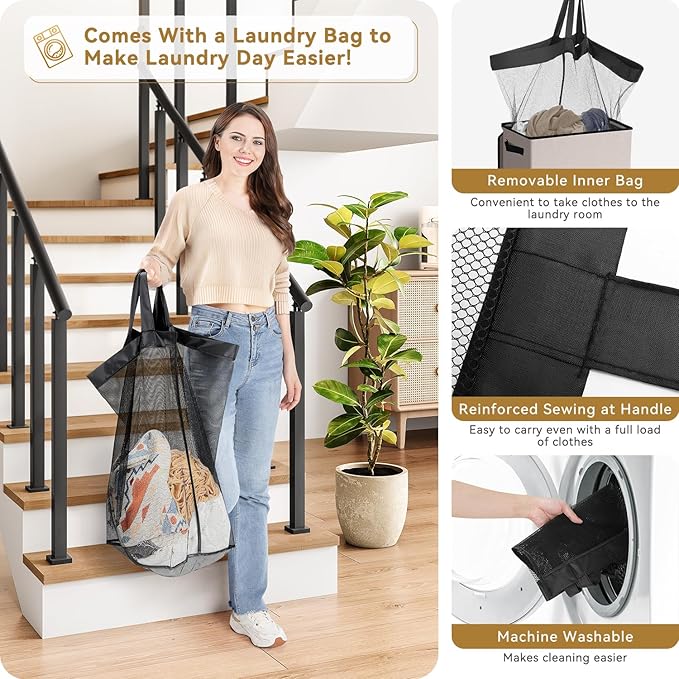 SOLEDI Slim Laundry Hamper with Lid, Narrow Laundry Basket with Removable Bags, Dirty Clothes Hamper with handle, Small Hampe