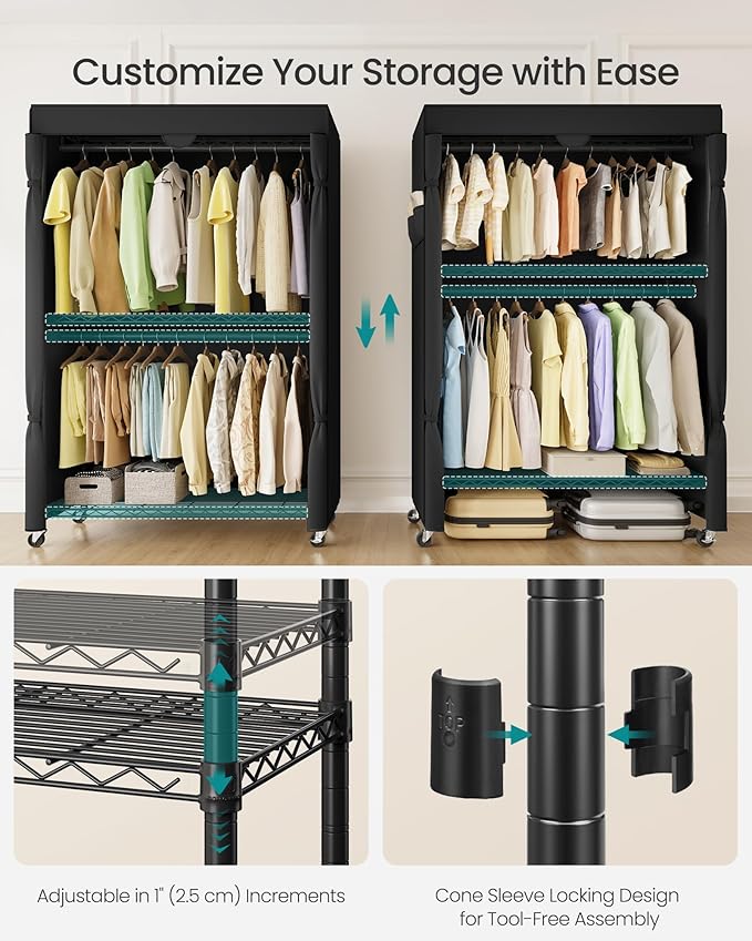 SONGMICS Heavy-Duty Rolling Clothes Rack, Garment Rack, Portable Closet, 43.3-Inch Wide Clothing Rack on Wheels, with Adjusta