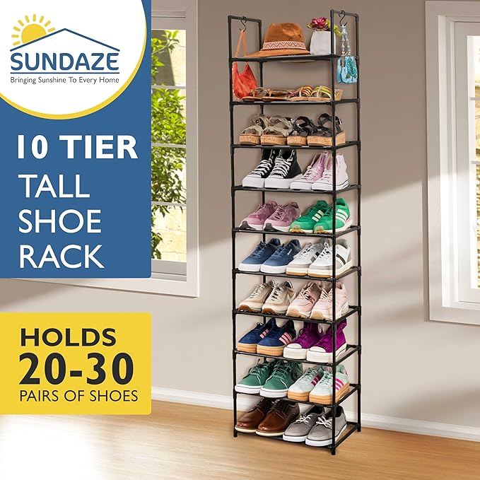 Sundaze Shoe Rack - 10 Tier Tall Shoe Rack for Closet, Sturdy Stackable Shoe Organizer for Closet, Bedroom, Entryway, Garage,