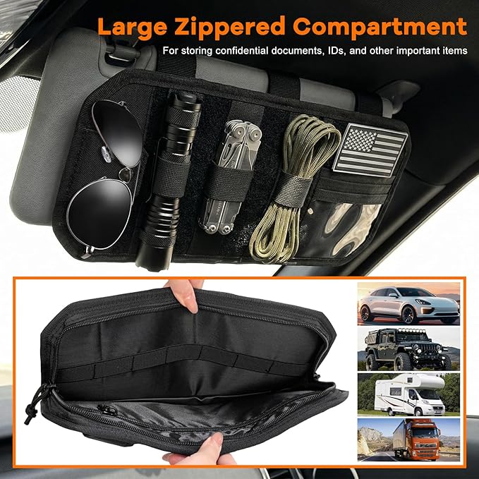 Molle Car Sun Visor Organizer, Auto Semi-Rigid MOLLE Panel Police Gear Holder w/Zipper Pocket & Sunglasses Clip, Universal Tactical Panel Visor Organizer for Cars SUVs Trucks