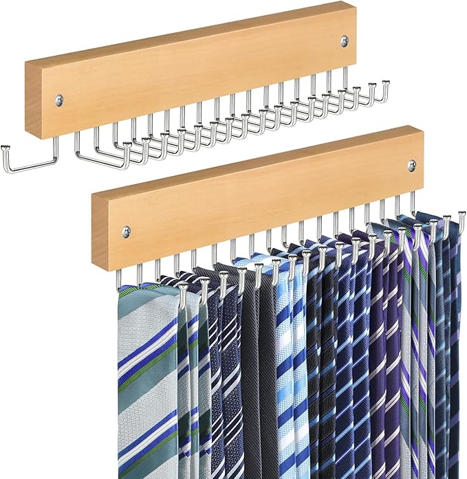 Tie Rack Belt Hanger Wall Mounted, Lomrsiul Non Slip 180 Degree Rotating Tie Organizer for Men Closet with 18 Hooks Closet Or