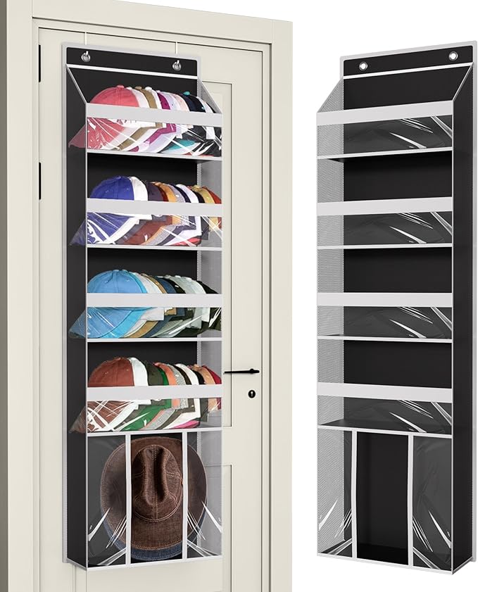 KYEVIS Over The Door Hat Organizer for Baseball Caps - Holds up 60 Hat Rack with Extra Large Row for Cowboy, Hat Storage for 