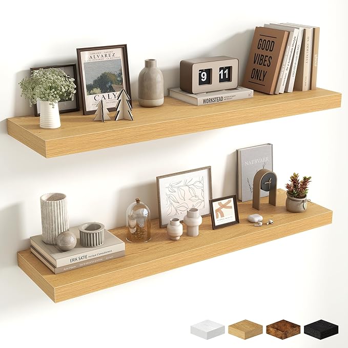 Fun Memories Floating Shelves Set of 2, 40 Inch Long Wooden Wall Shelves, 10 Inch Deep Wall Mounted Storage Shelf with Metal 
