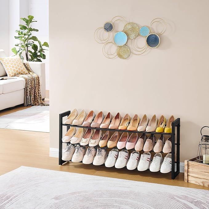 FAVOOSTY 3-Tier Expandable Shoe Rack, Adjustable Shoe Shelf Storage Organizer Space Saving Metal Free Standing Shoe Rack for 