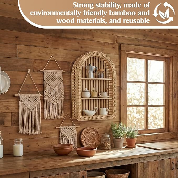 Pinkunn 20'' x 12'' 3 Tier Rattan Wall Shelf Boho Arch Hanging Shelves Arched Wall Mounted Wicker Shelf Decorative Farmhouse 