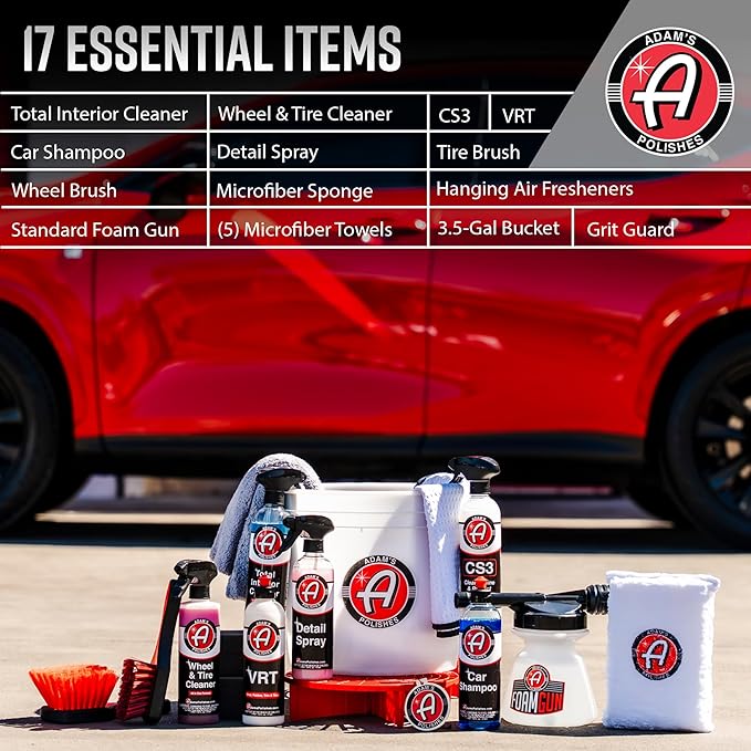 Adam's Essential Car Wash Kit (17-Item) - Auto Detailing Car Care Cleaning Kit with Foam Gun & Bucket Car & Truck Lovers, Dad