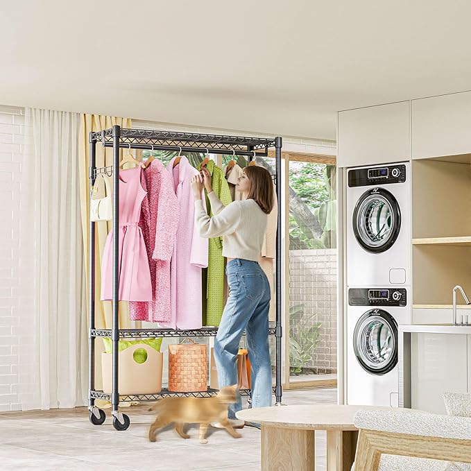M MZG Heavy Duty Rolling Garment Rack 3 Tiers Adjustable Wire Shelving Clothes Rack with 1 Rods and Side Hooks,Storage Closet