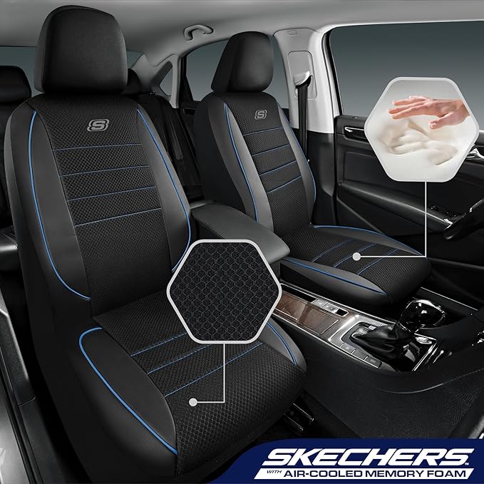 Skechers Air-Cooled Memory Foam Seat Covers,Mesh Thick Car Seat Covers,Piping Leather Car Seat Cover,Airbag Compatible,Automo