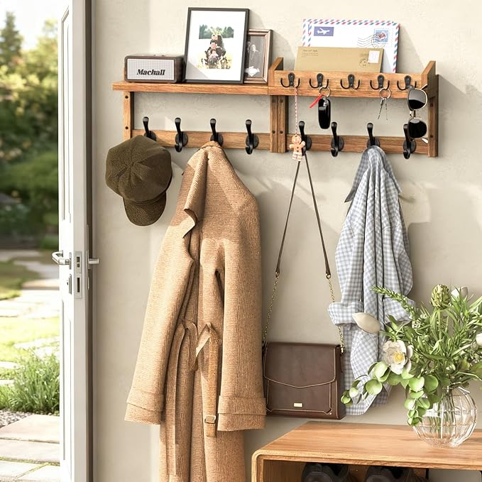 35'' Brown Coat Rack Wall Mount with Shelf, Solid Wood Coat and Key Hanger with 13 Metal Hooks, Farmhouse Wall Organizer for 