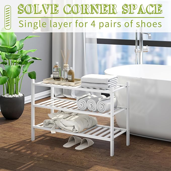 BMOSU 3-Tier Bamboo Shoe Rack Premium Stackable Shoe Shelf Storage Organizer for Hallway Closet Living Room Entryway Organize