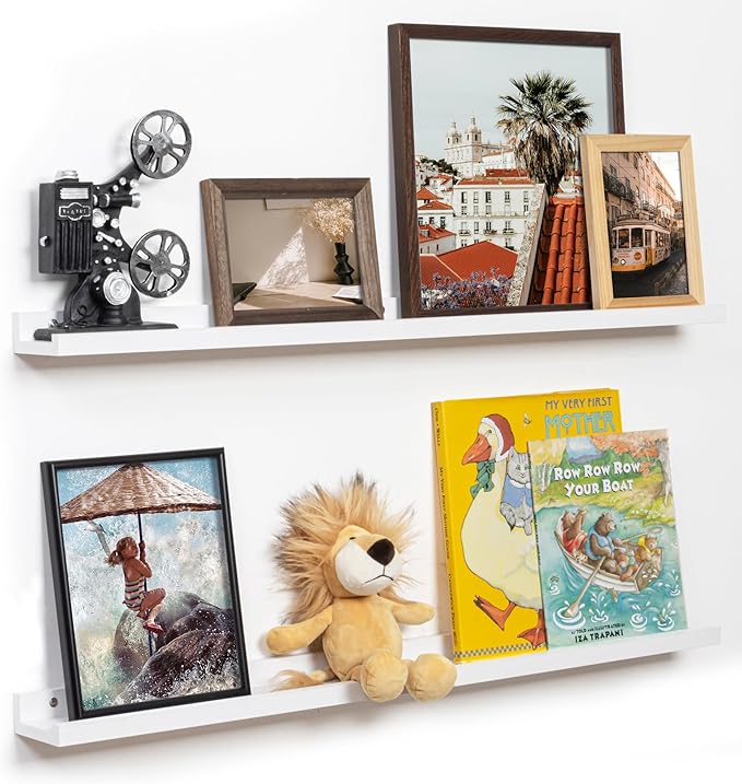 Fun Memories Picture Ledge Shelf, 32 Inch Floating Shelves Set of 2, Large Nursery Book Shelves for Toys Storage, Kids Booksh