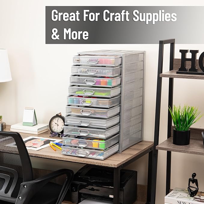 Mind Reader 10-Drawer Desk Organizer for Office Supplies, Crafts, Mail Sorting & More, Metal Mesh, 10.75"L x 14"W x 21.25"H, 