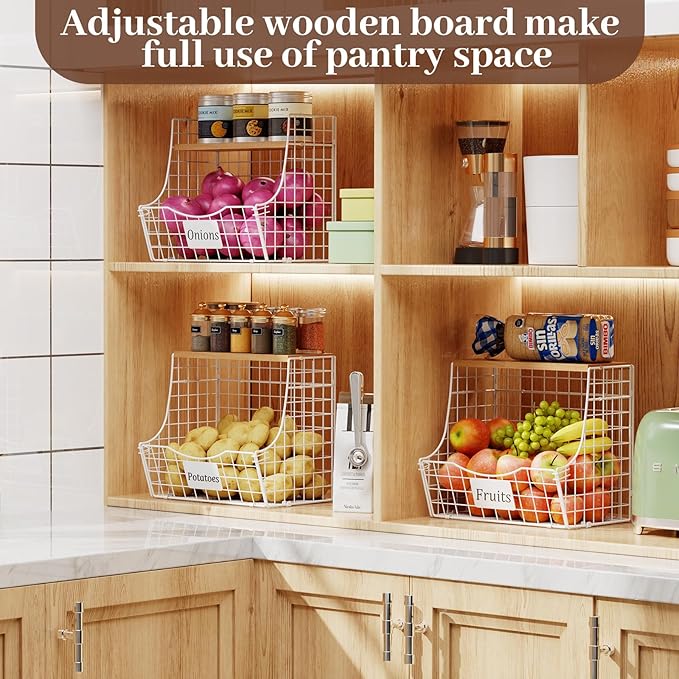 3 Pack Hanging Fruit Basket for Kitchen with Wood Lid - Onion and Potato Storage Fruit Bowl with Nameplate for Counter&Wall M