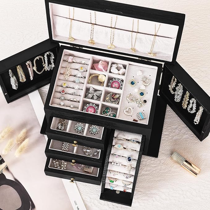 Poyilooo Jewelry Box Organizer, Solid Wood Jewelry Boxes for Women, Double Layer Jewelry Organizer Box Display Earring Neckla