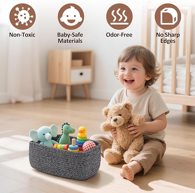 5-Pack Small Woven Rope Storage Baskets – 2 Sizes Organizer Bins for Closet, Shelf, Bookshelf, Nursery, Changing Table, Fabri