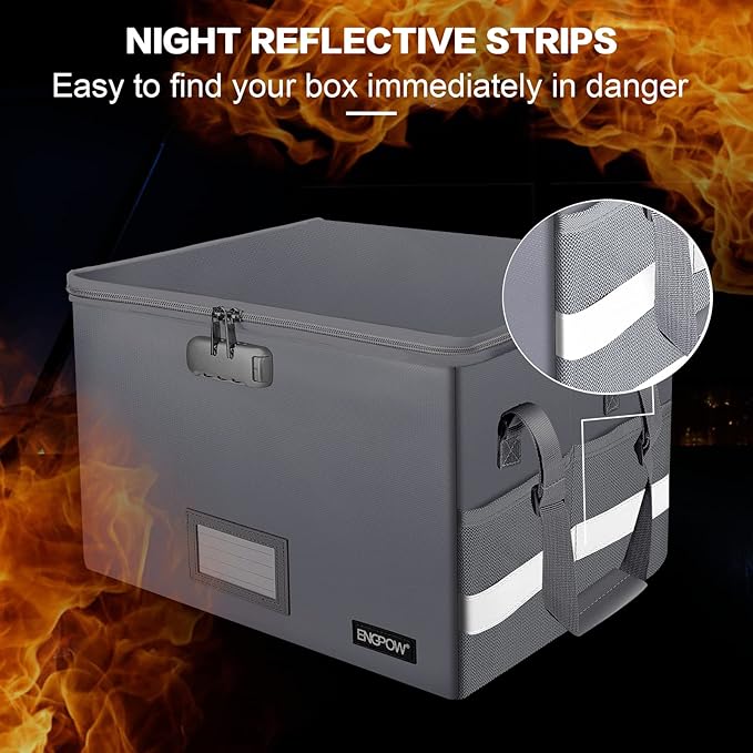 ENGPOW File Box with Lock, Fireproof Document Box with Pockets, Collapsible File Organizer Filing Storage Cabinet with Handle
