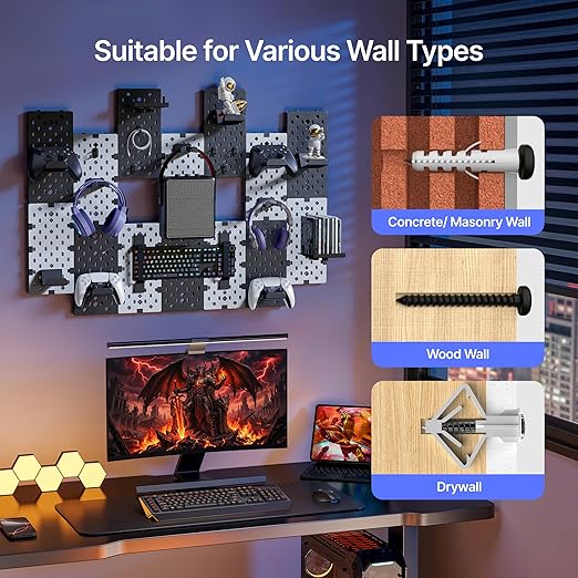 PEGZONE Controller and Headphone Holder Wall Mount, Modular Gaming Pegboard with Accessories, Controller Stand for Xbox PS5 P