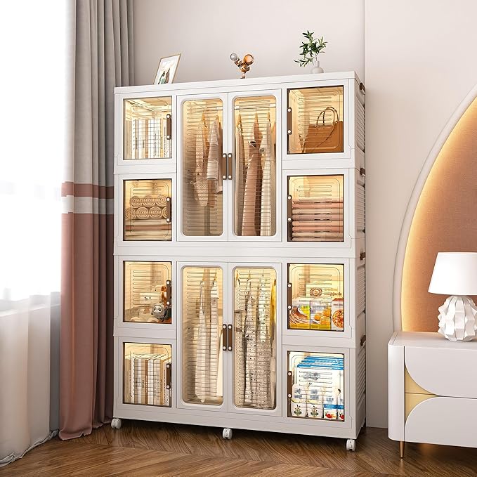 Portable Wardrobe Storage Cabinet, Large Closet Organizer with Magnetic Doors and Wheels, Portable Kids Closet with 2 Hanging