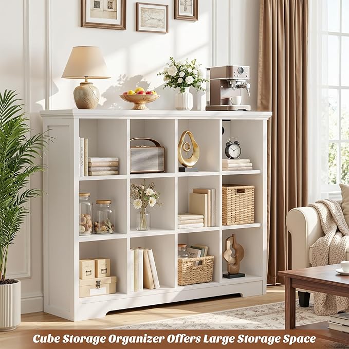 Aheaplus Wooden 12-Cube Storage Organizer with Charging Ports, Modern Cube Bookcase with Base, 4-Tier Floor Standing Open Cub