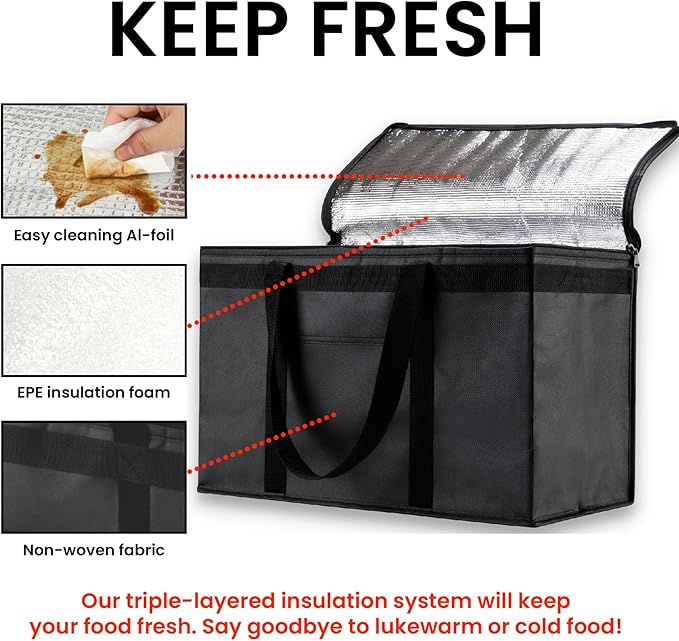 NZ home Insulated Bags for Food Delivery (2XL) Grocery Shopping Cooler Bag, Pizza Delivery, Hot & Cold Catering Tote, Reusable, Foldable & Heavy Duty (2 Pack, Black)