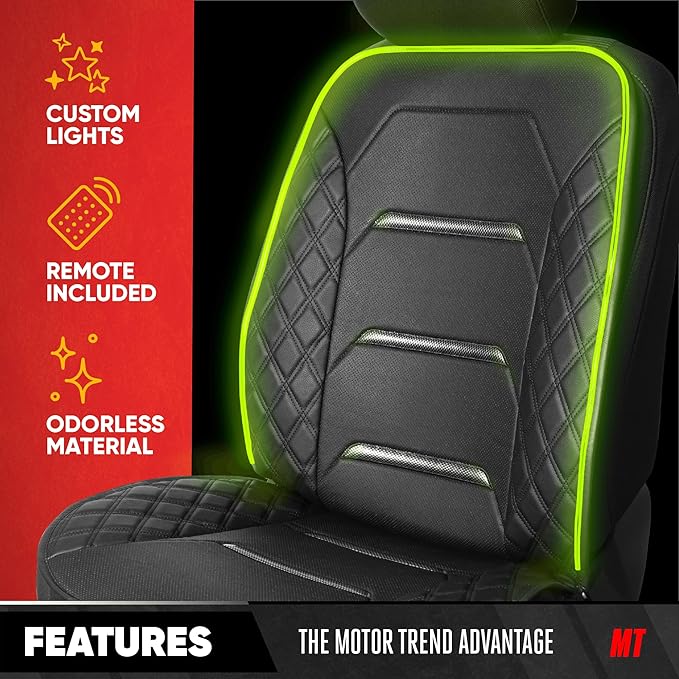 Motor Trend RGB LED Car Seat Protector with Remote — Color-Changing Front Seat Cover, 4 Modes (Music Sync, Pulse, Fade, Stati