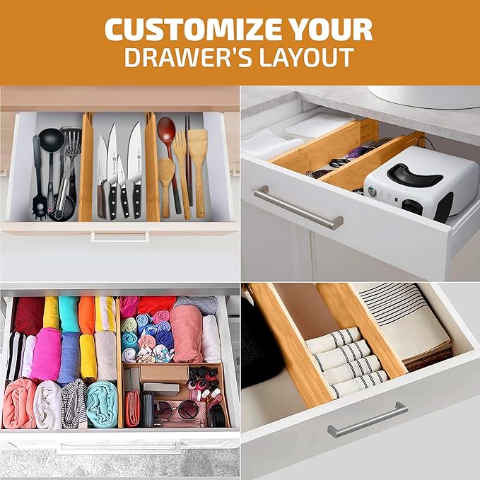 6 Pack Drawer Dividers 6 Inch High, 11”-17" Adjustable Bamboo Organizers Large Expandable Drawer Separators for Cloths, Dress