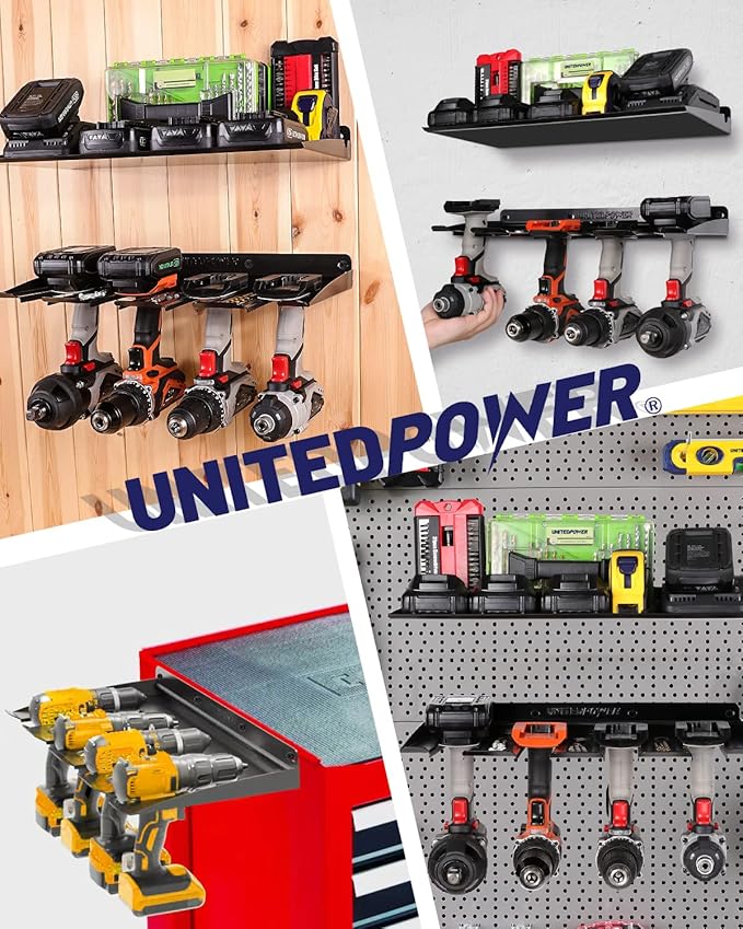 UNITEDPOWER Electric Drill Storage Rack, Holds 4 Drills, Wall Mounted Power Tool Organizer for Battery Powered Hand Tools, Wo