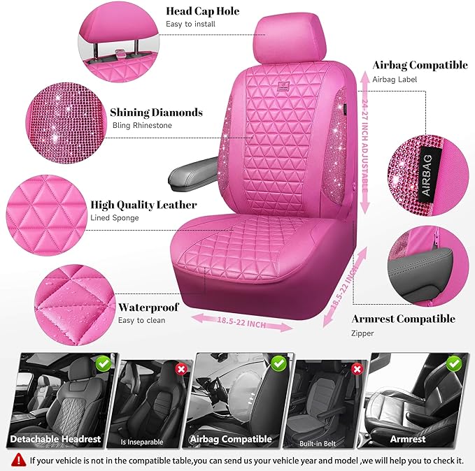 CAR PASS Hot Pink Bling Diamond Leather Car Seat Covers Full Sets, Waterproof Shining Glitter Sparkly Crystal Universal Armre